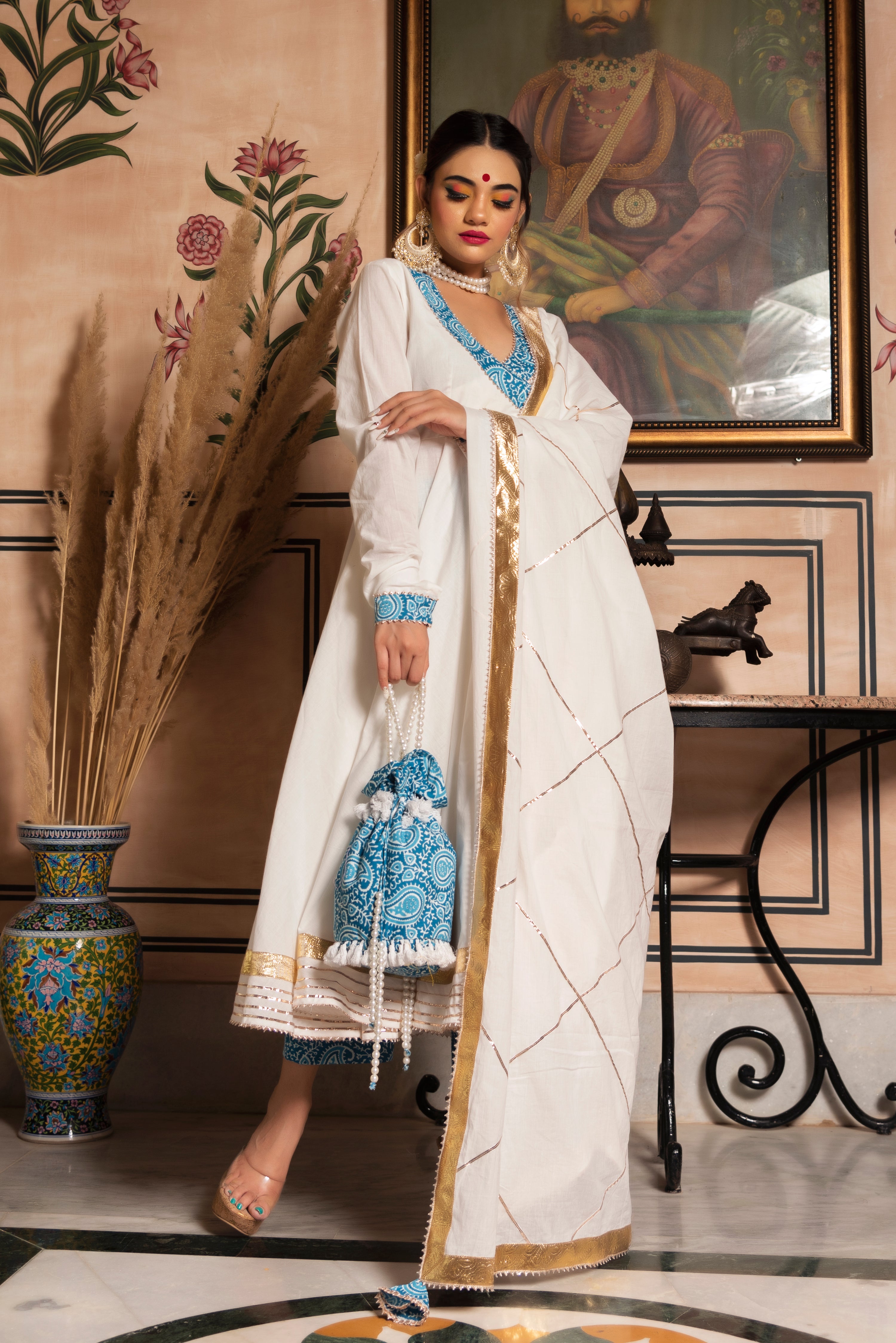 WHITE MOGRA PURE COTTON ANGRAKHA SET