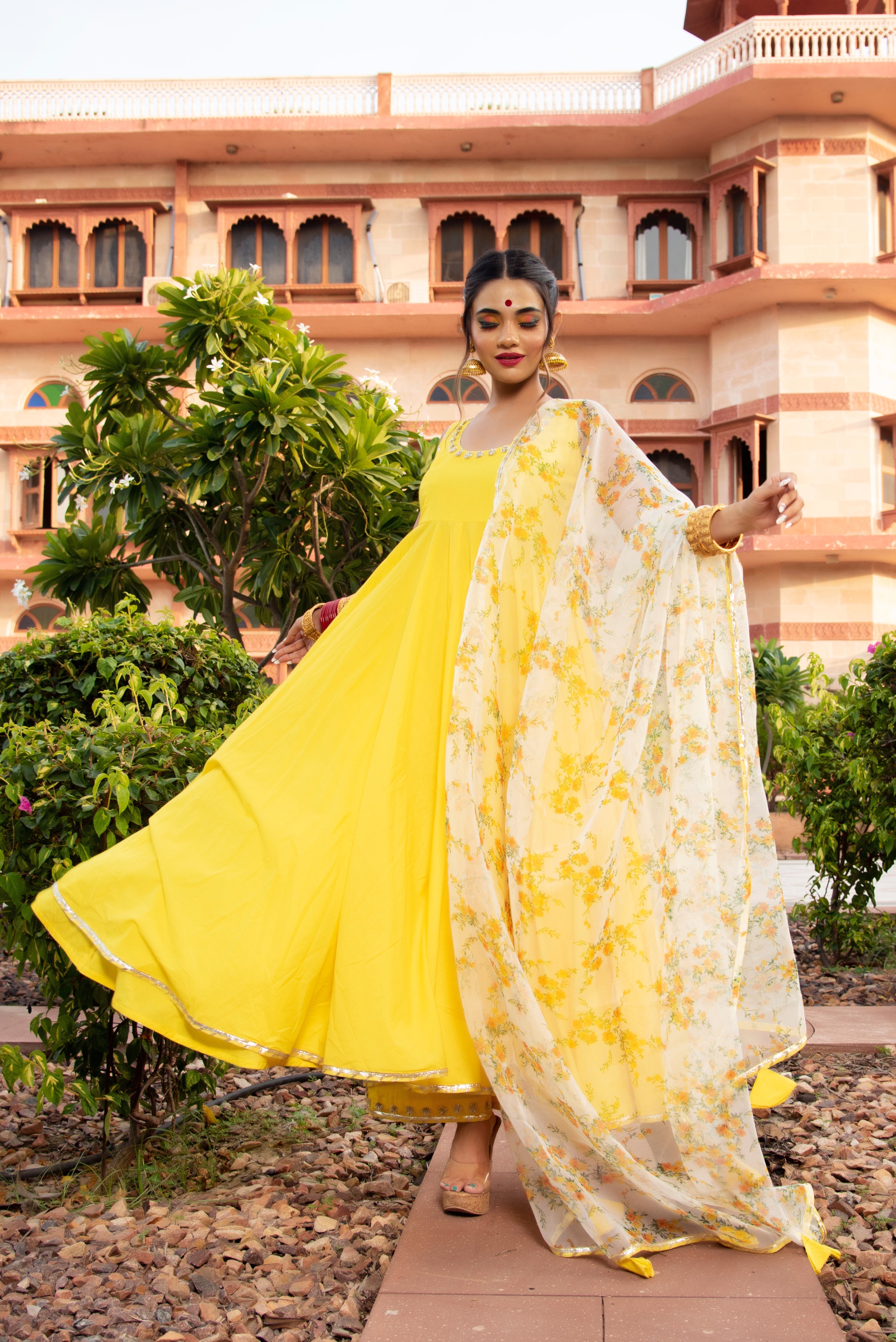 YELLOW BERRY COTTON ANARKALI SET