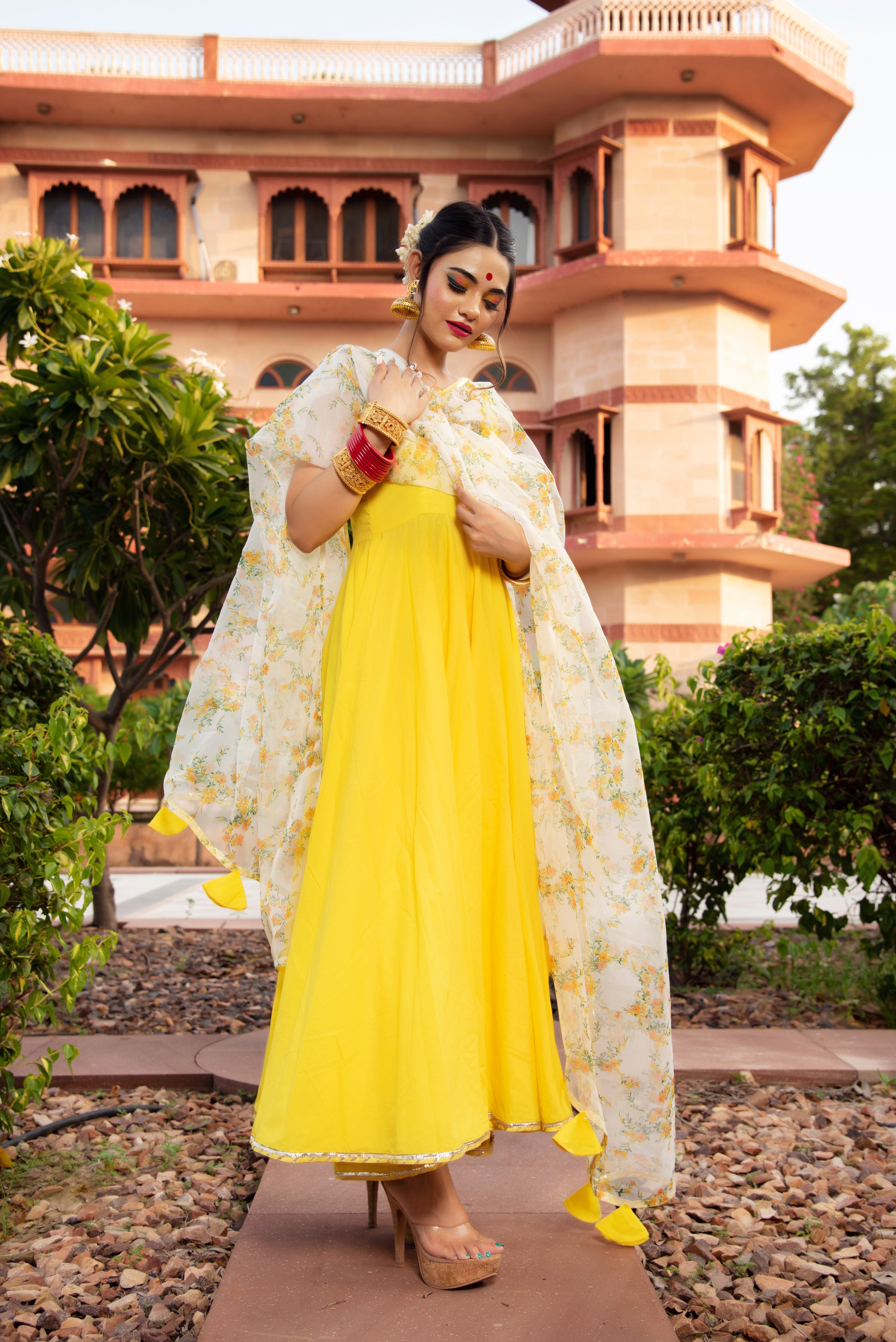 YELLOW BERRY COTTON ANARKALI SET