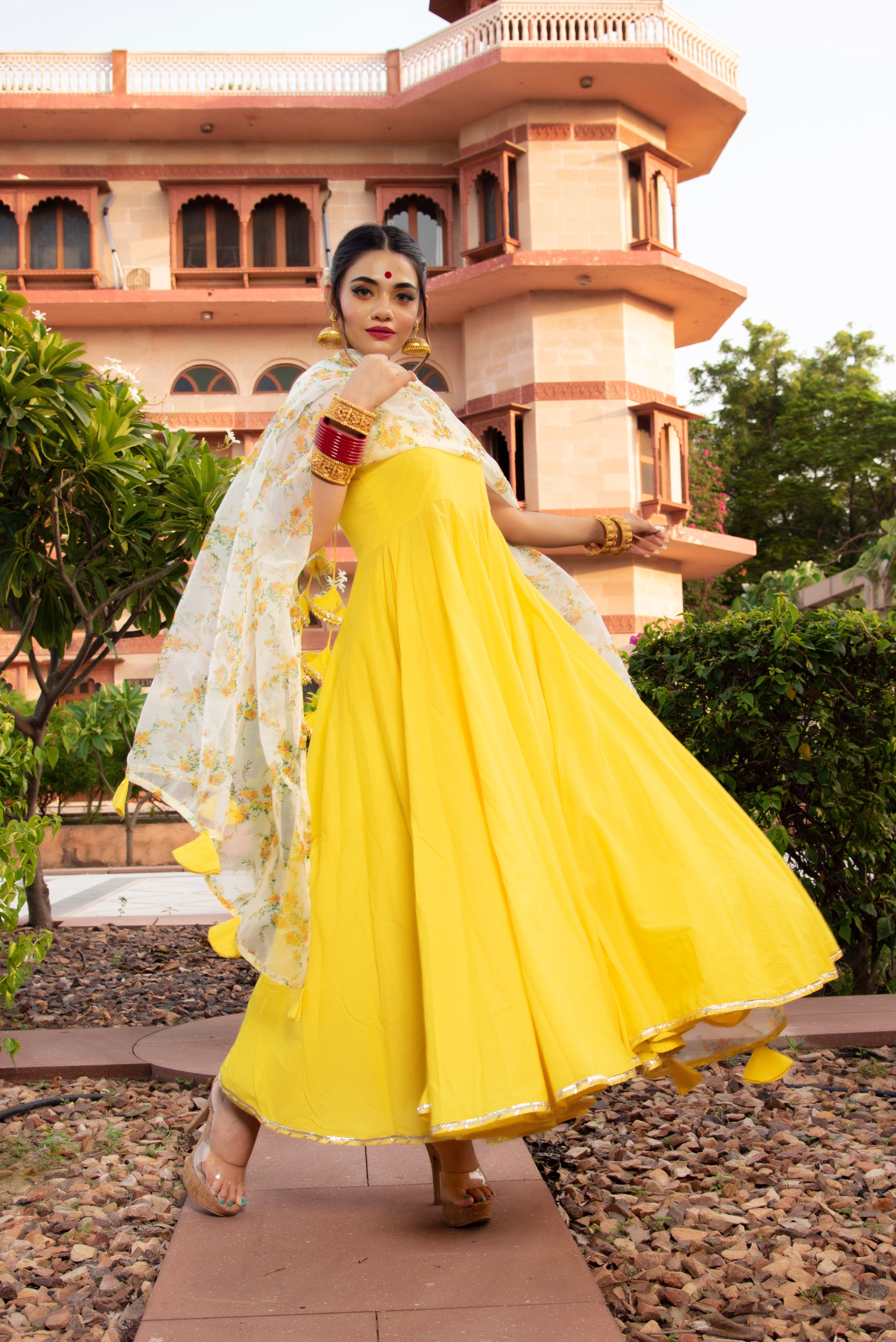 YELLOW BERRY COTTON ANARKALI SET