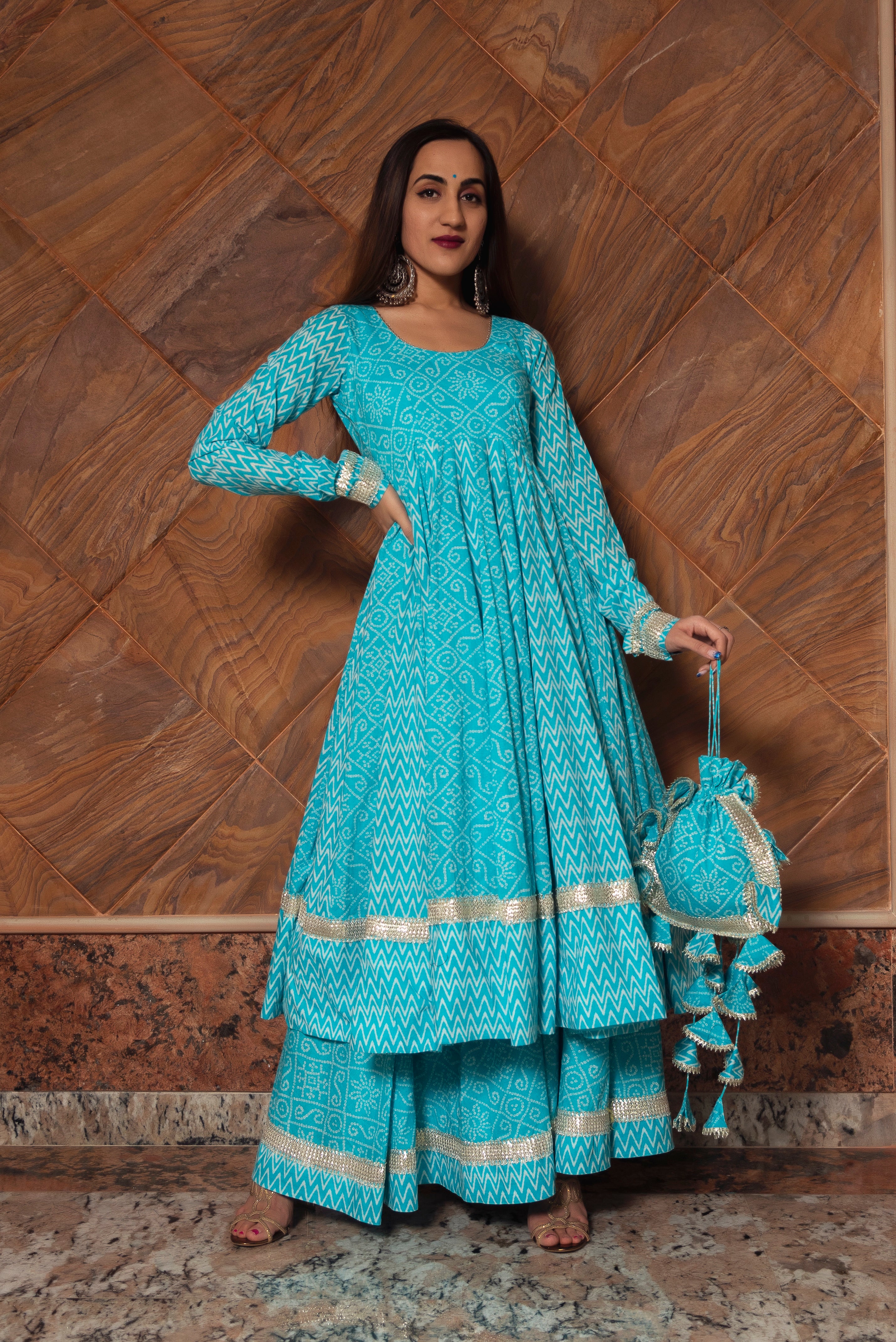 NEELKARI BLUE COTTON ANARKALI SET