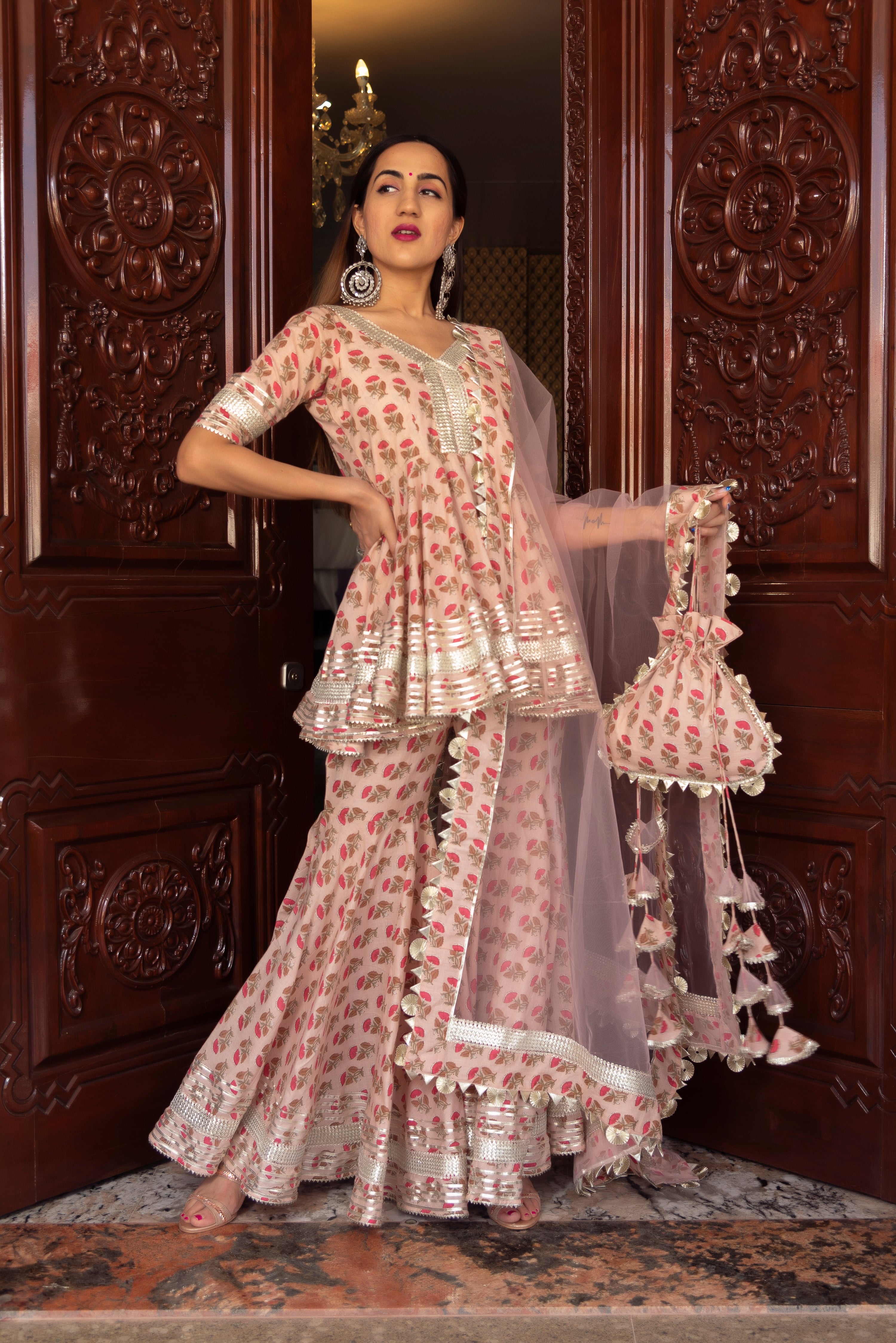 PEACH HAND BLOCK COTTON SHARARA SET