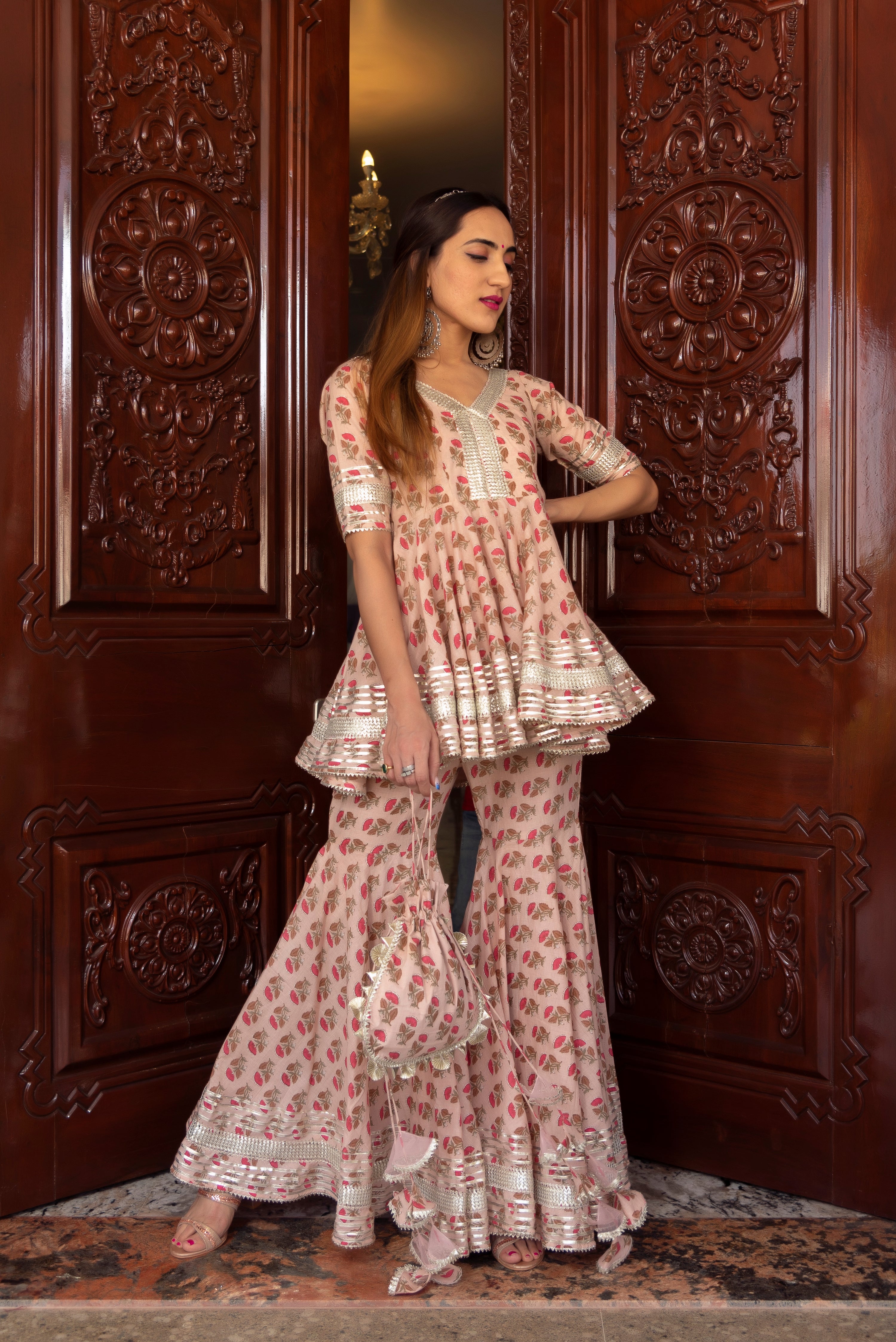 PEACH HAND BLOCK COTTON SHARARA SET