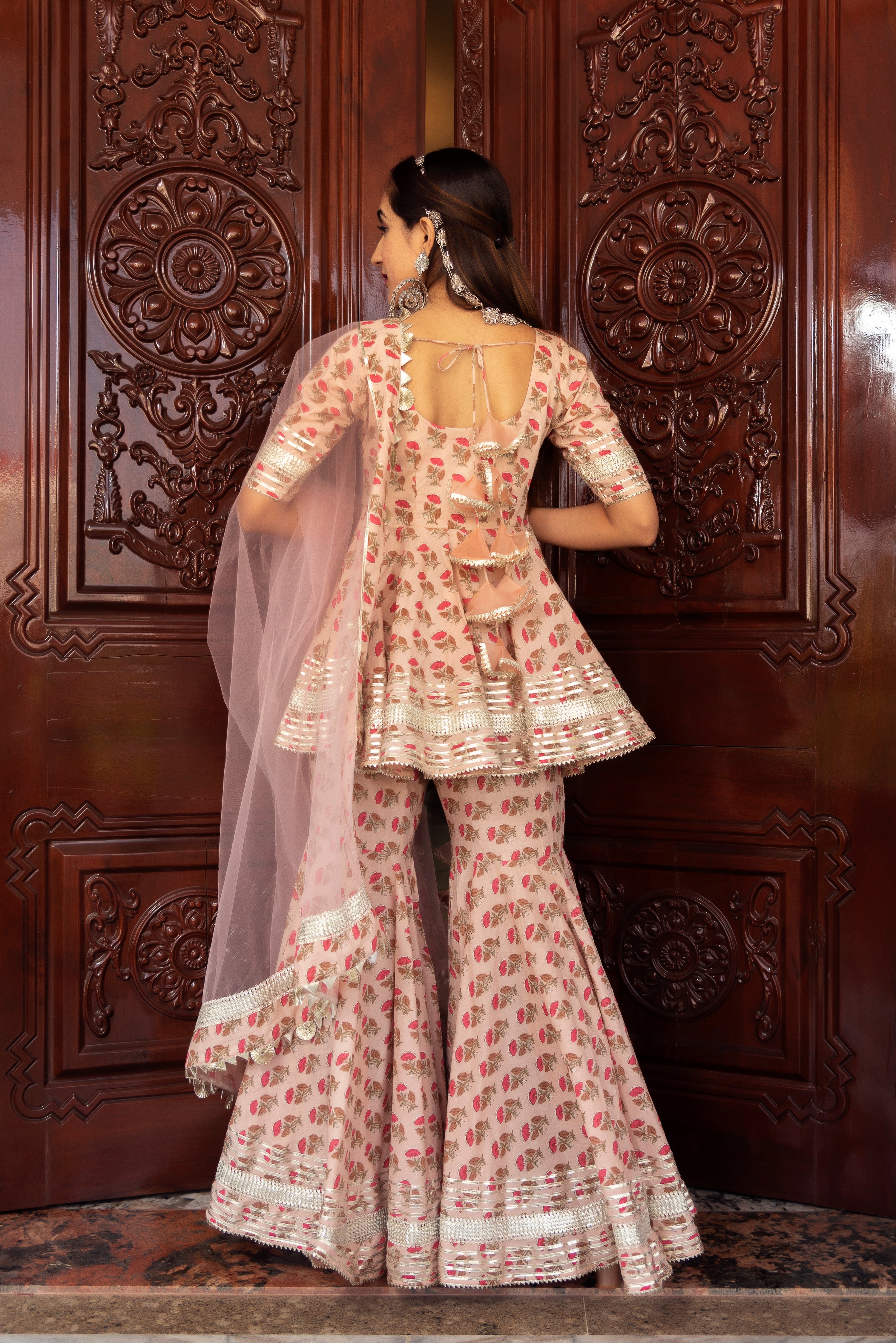 PEACH HAND BLOCK COTTON SHARARA SET