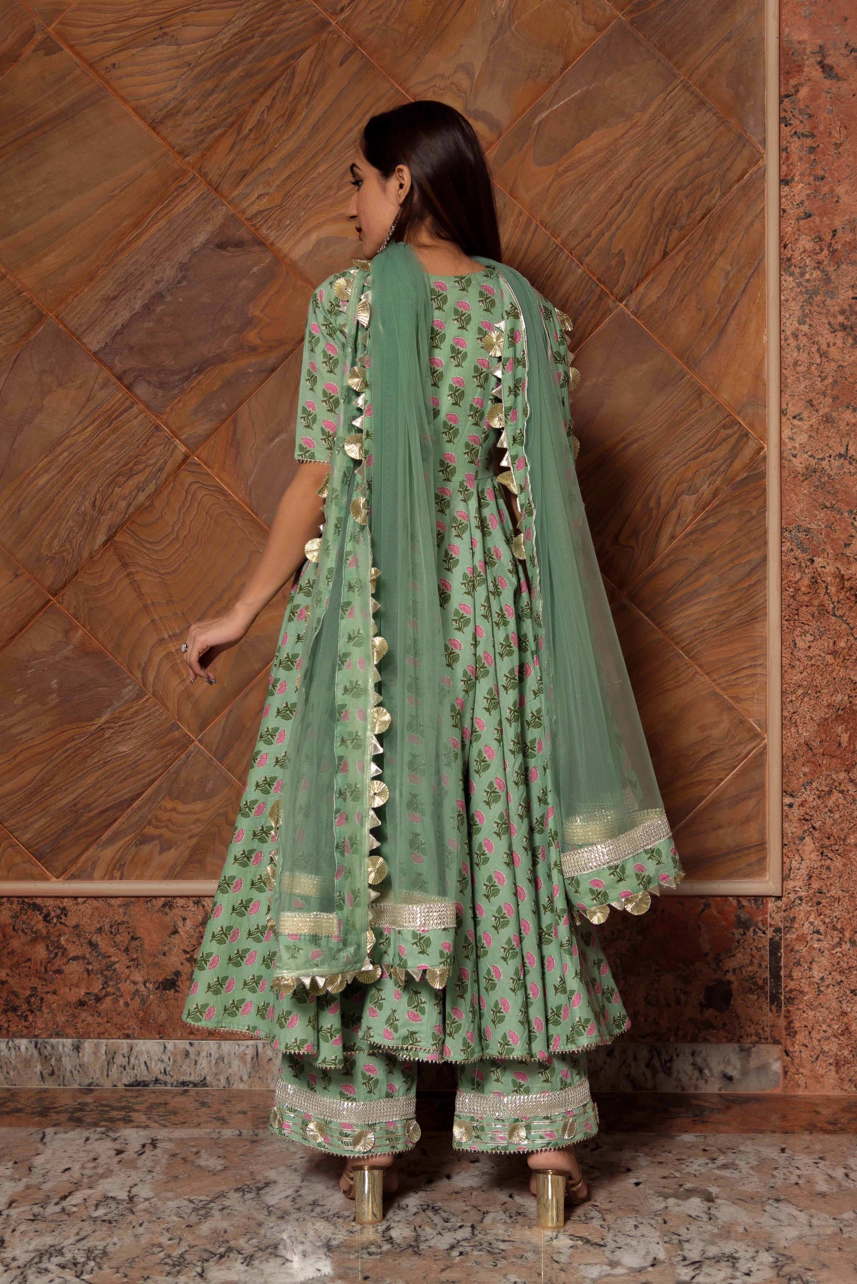 GREEN PAISELY COTTON HAND BLOCK ANARKALI SET