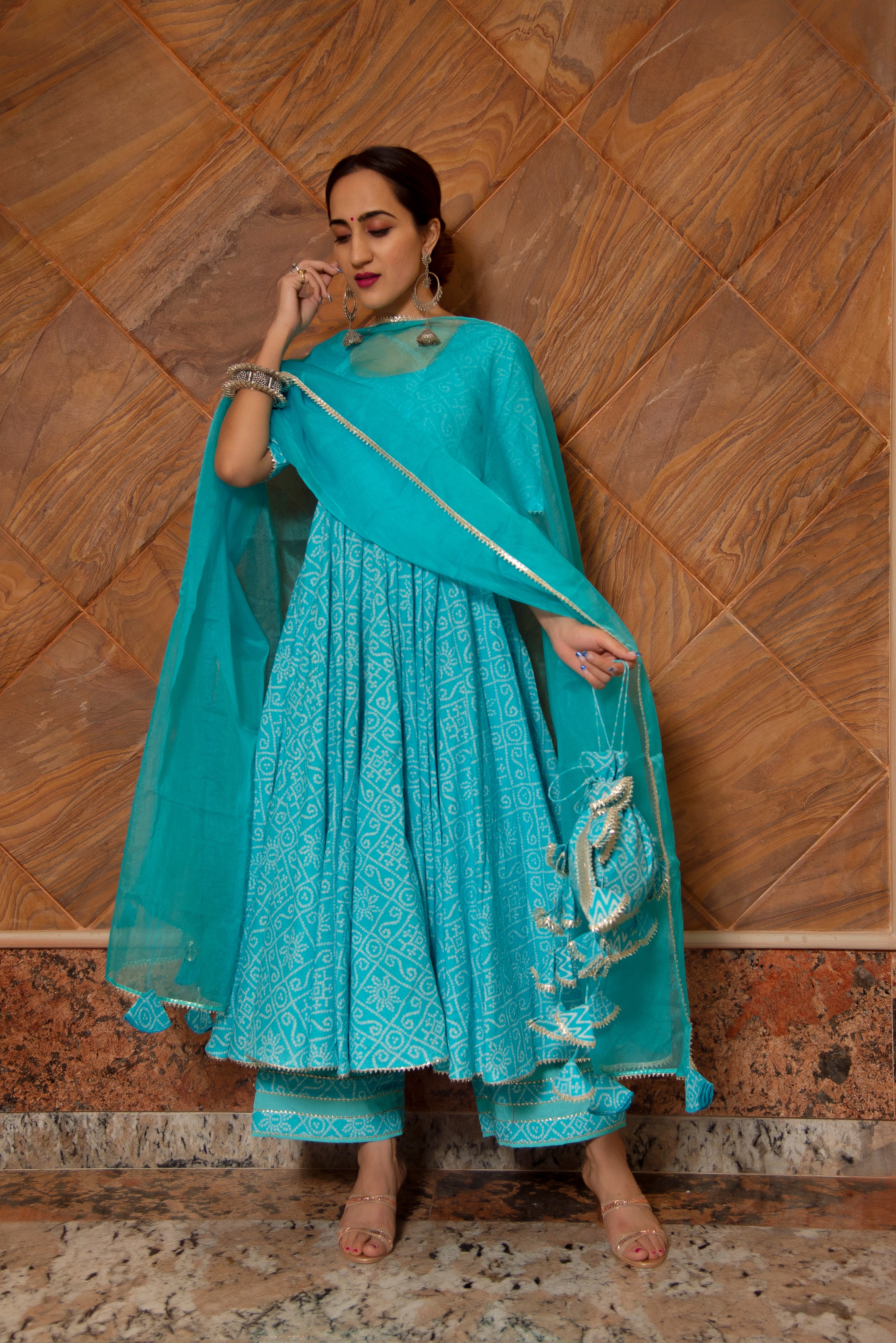 BANDHEJ BLUE COTTON ANARKALI SET