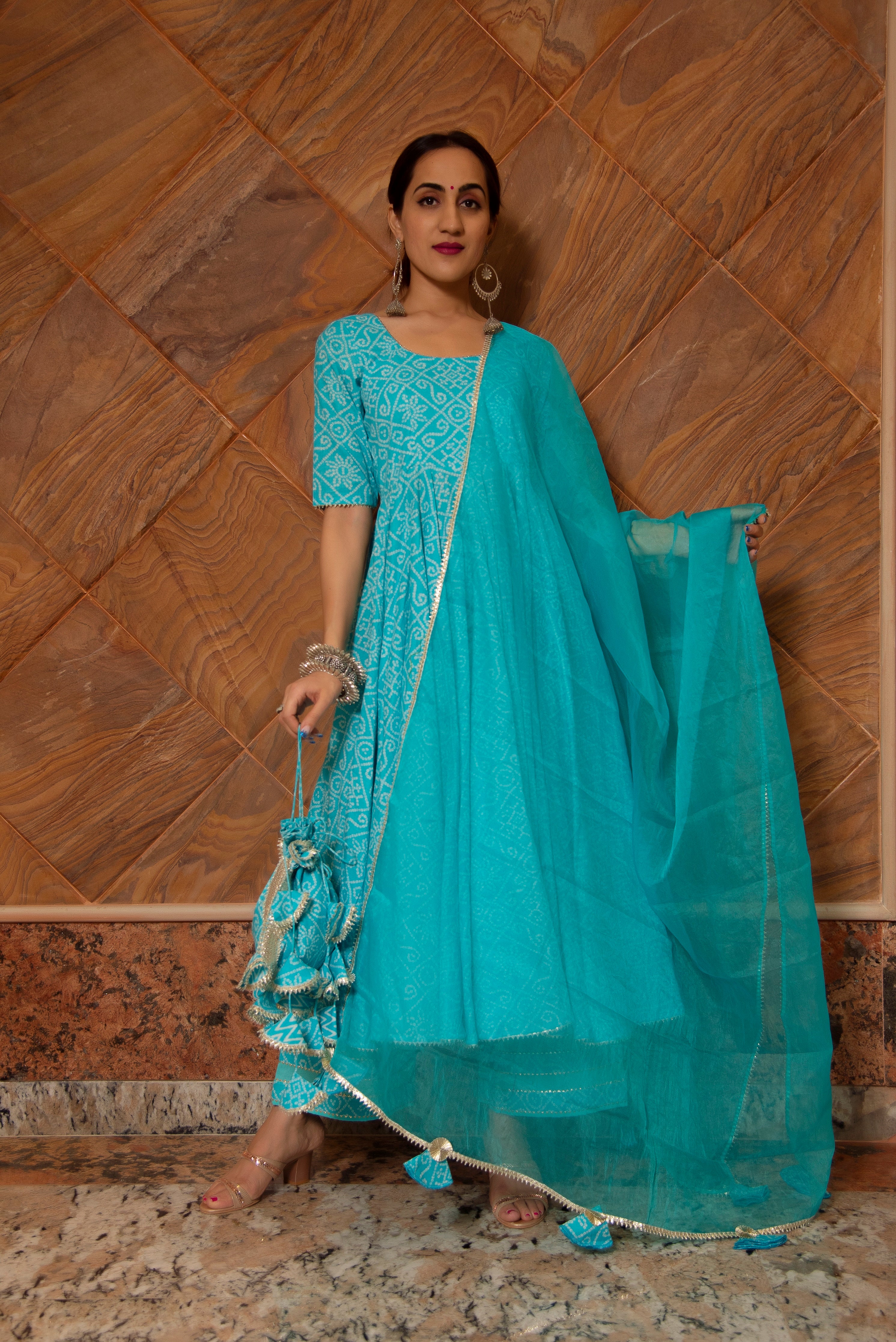 BANDHEJ BLUE COTTON ANARKALI SET