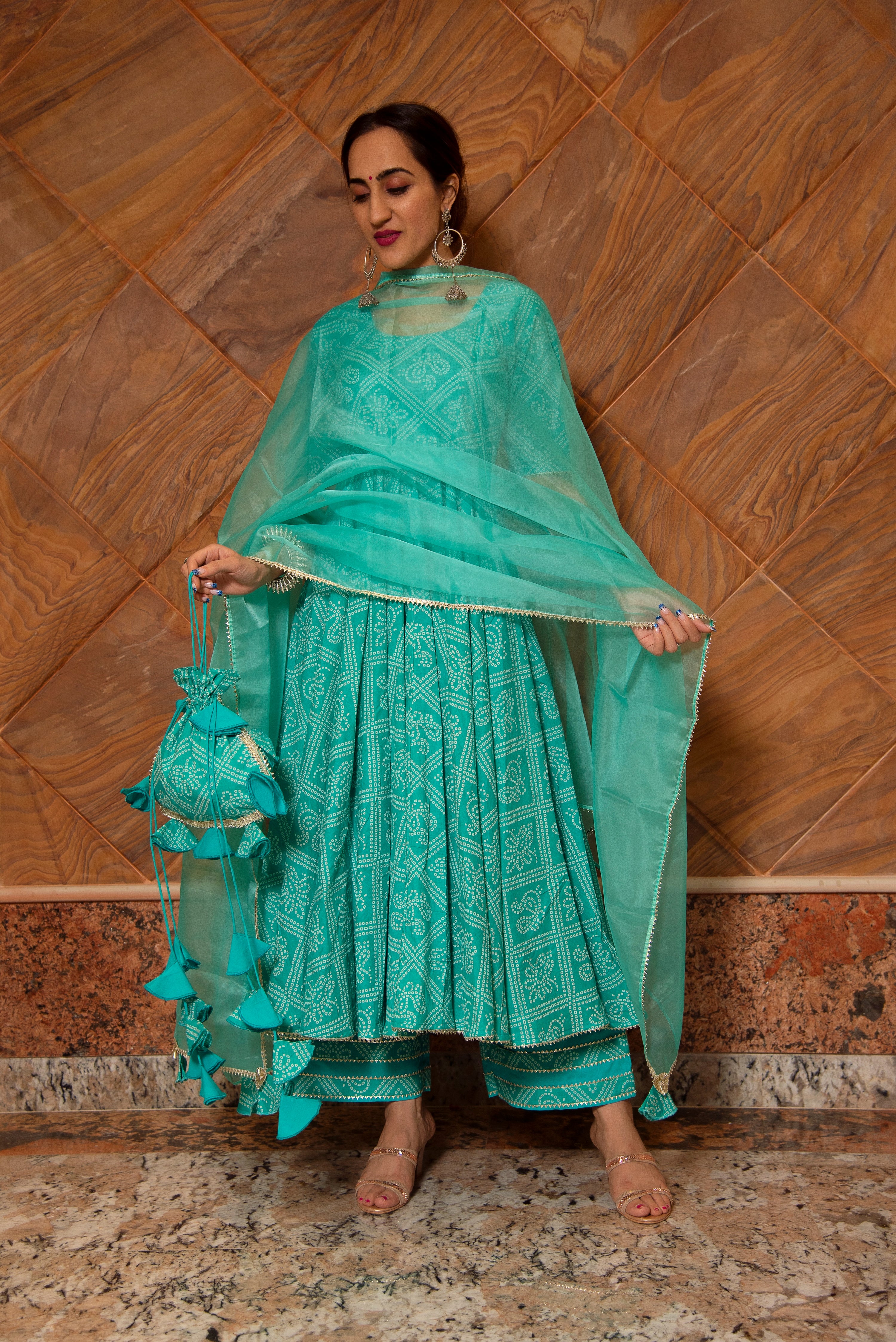 BANDHEJ TIFFANY BLUE COTTON ANARKALI SET