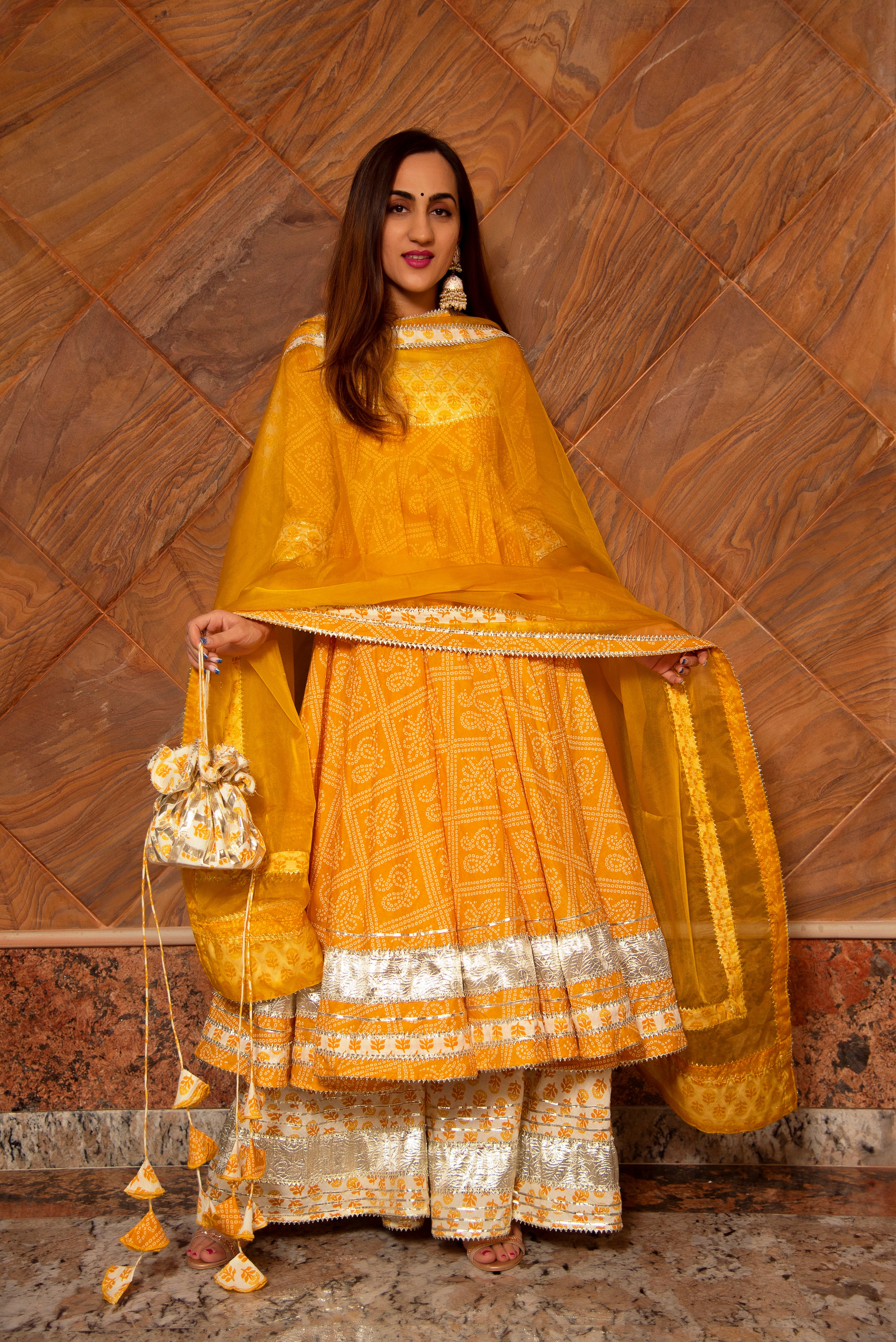 YELLOW LEAF COTTON ANARKALI PLAZO SET