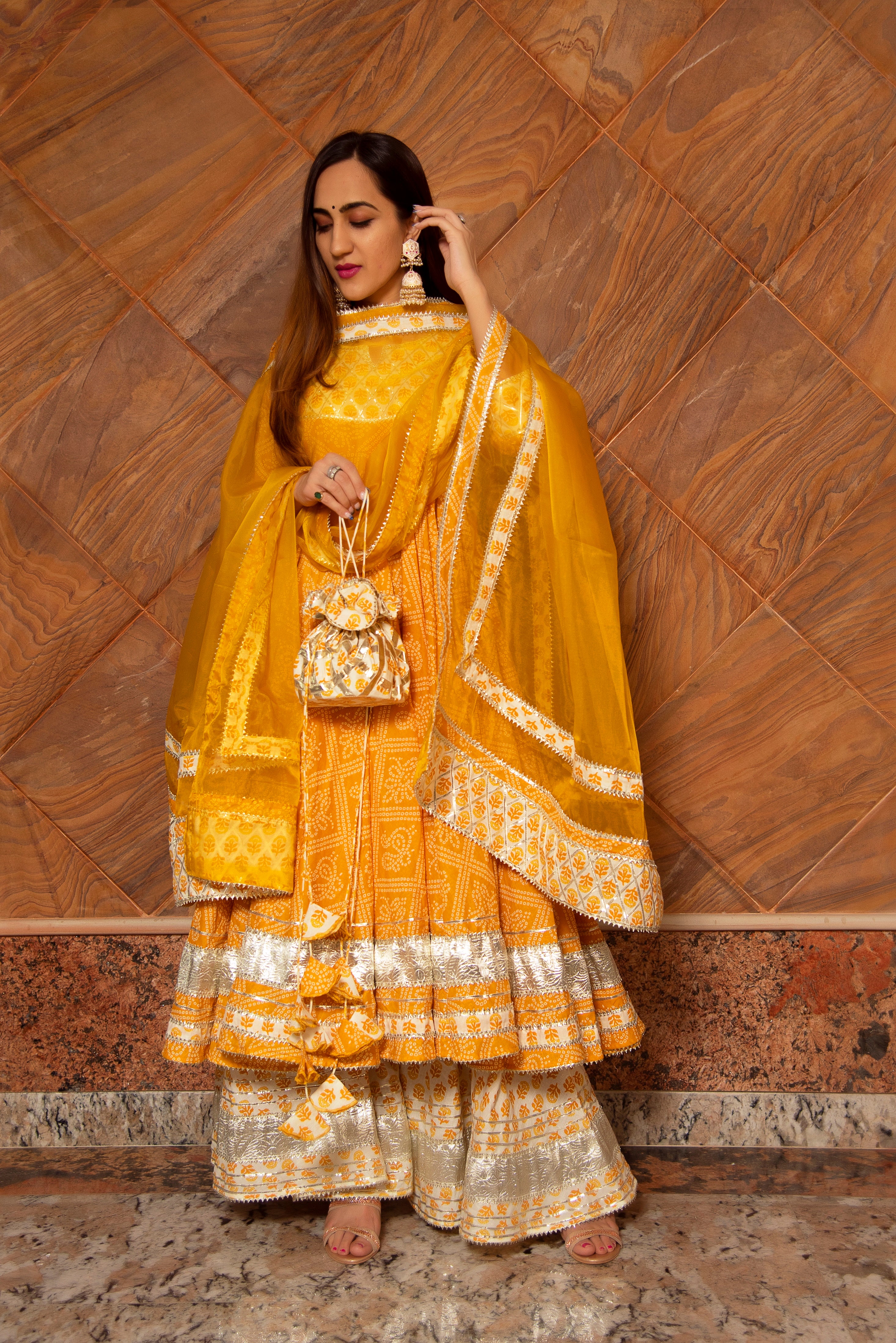 YELLOW LEAF COTTON ANARKALI PLAZO SET