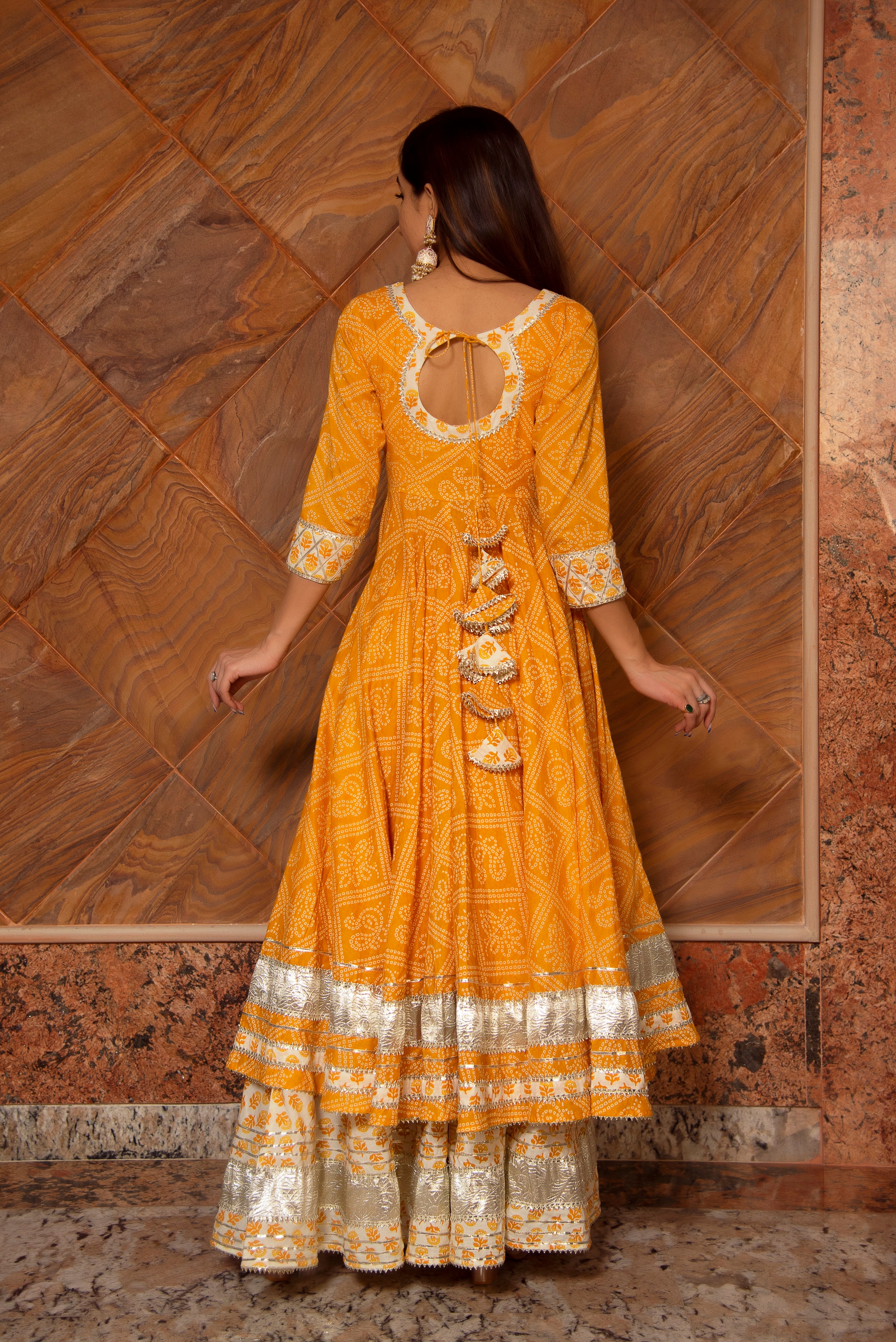 YELLOW LEAF COTTON ANARKALI PLAZO SET