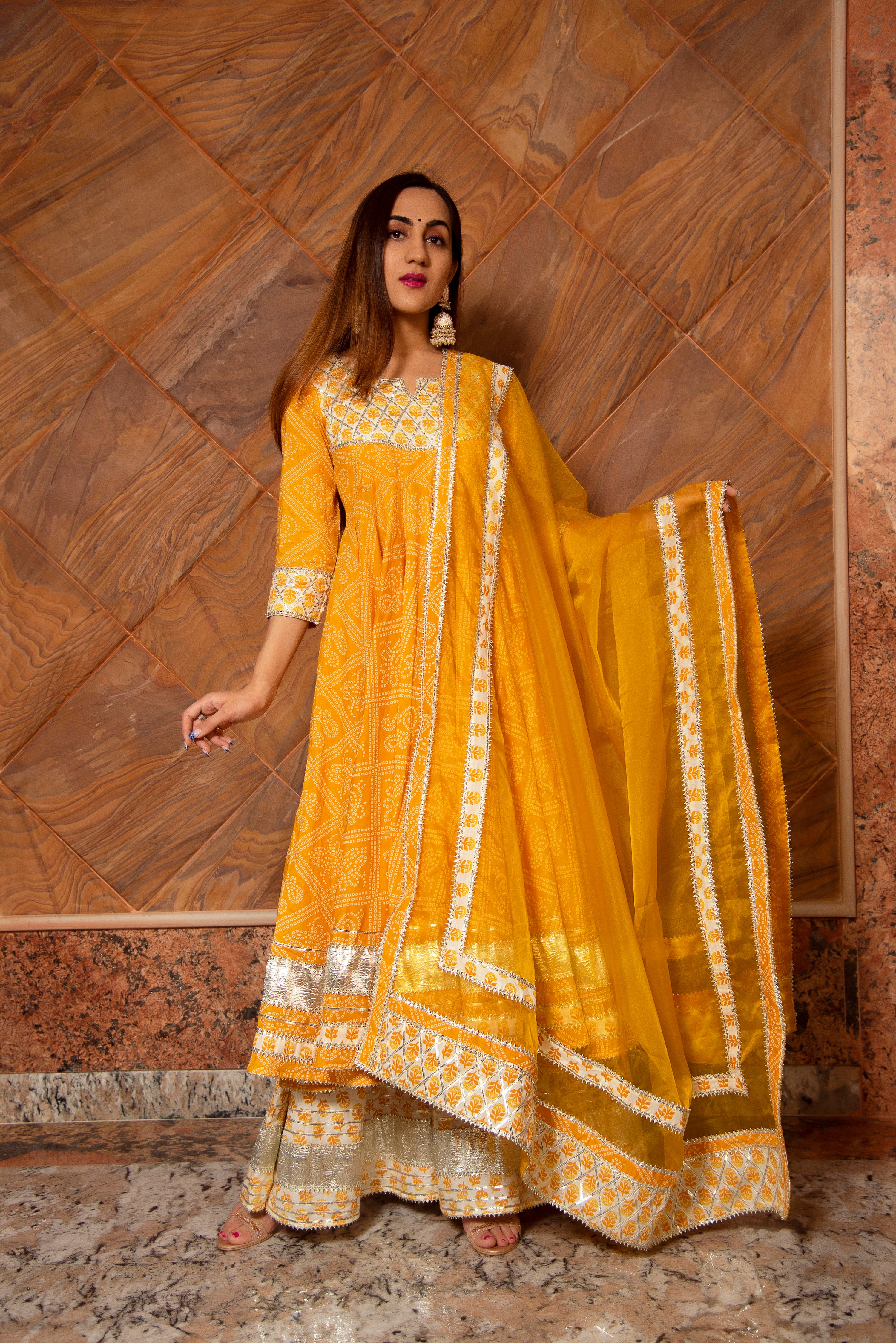 YELLOW LEAF COTTON ANARKALI PLAZO SET