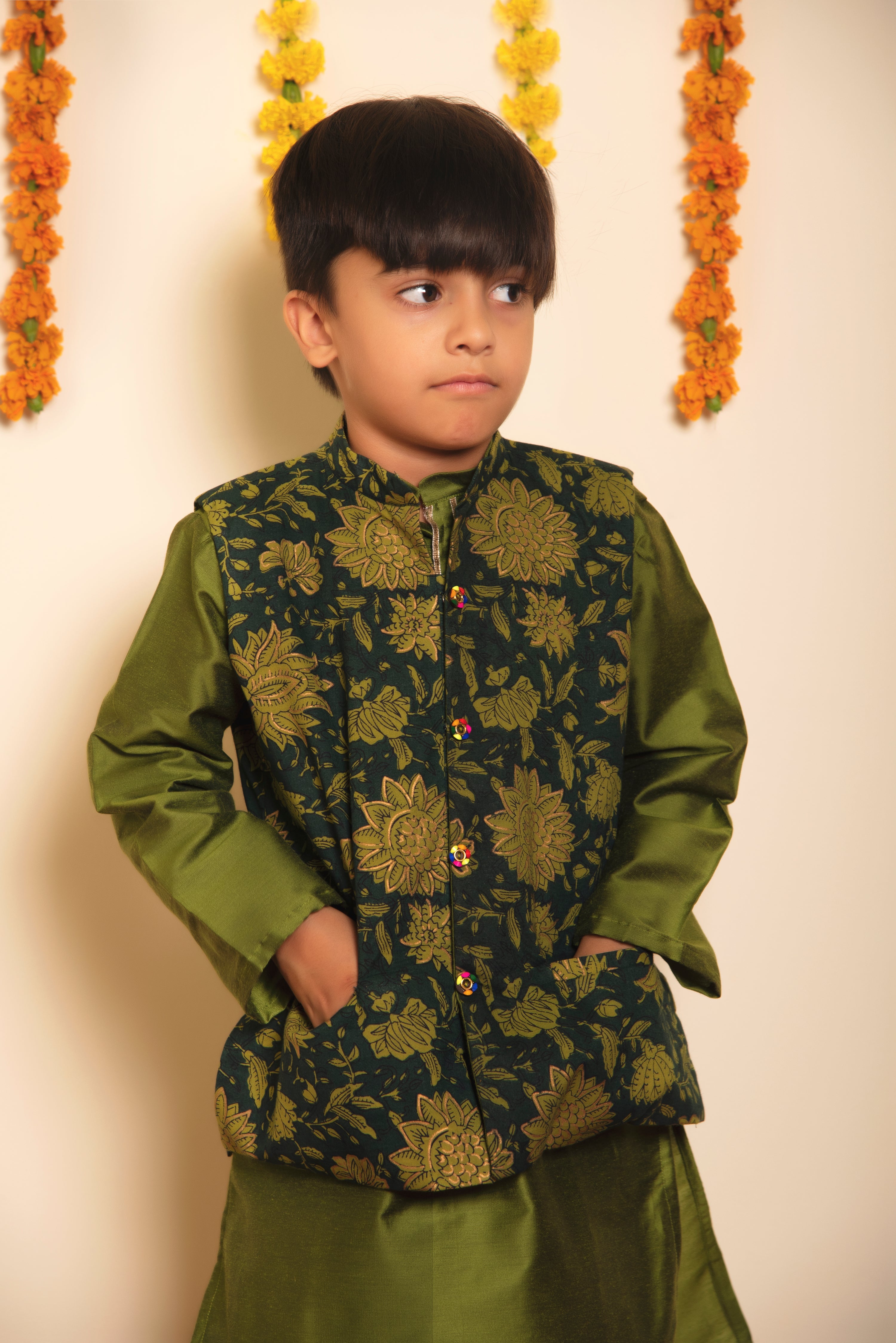 BACHPAN IDIKA GREEN KURTA JACKET SET