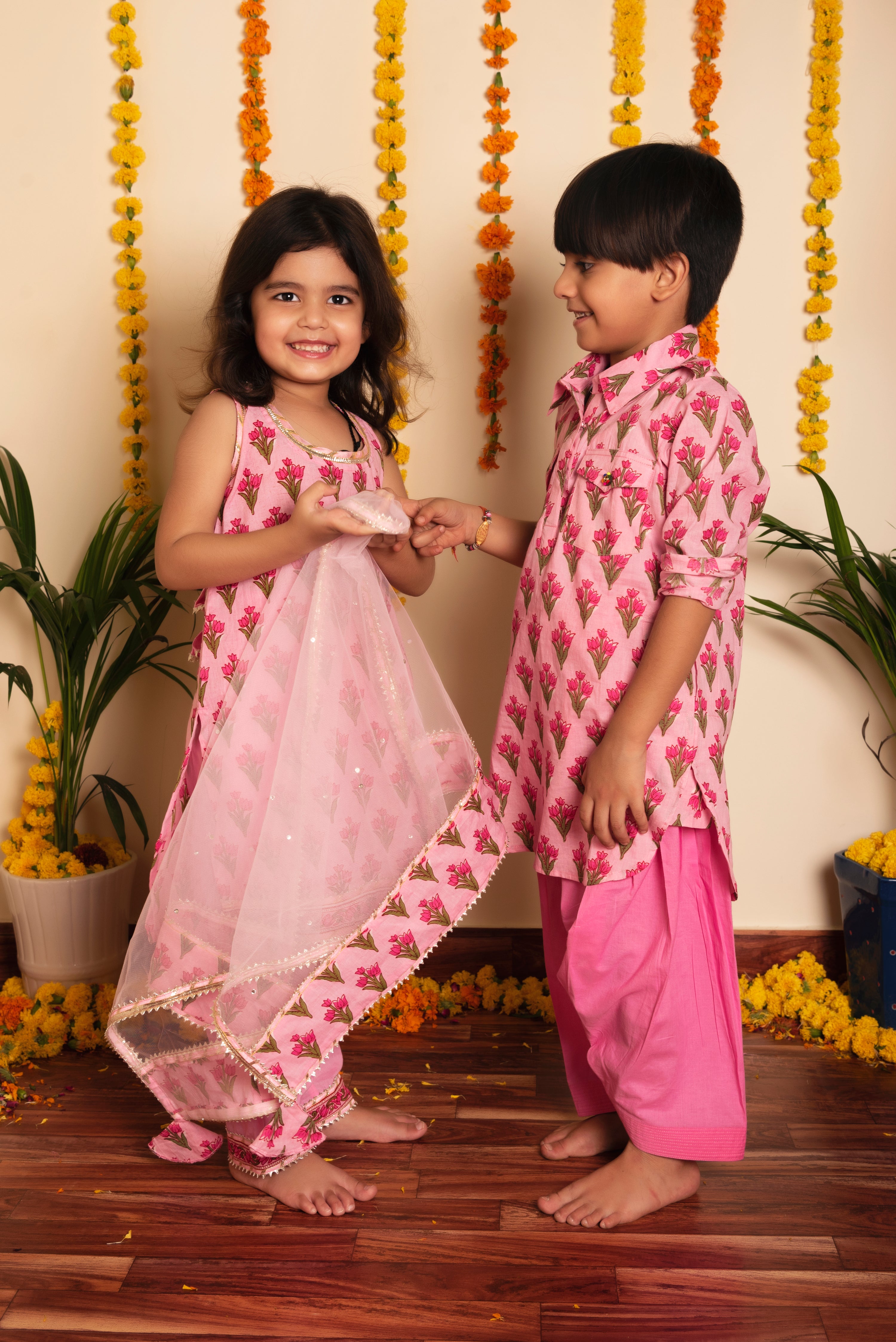 BACHPAN GULBHAR PINK HAND BLOCK KURTA SET