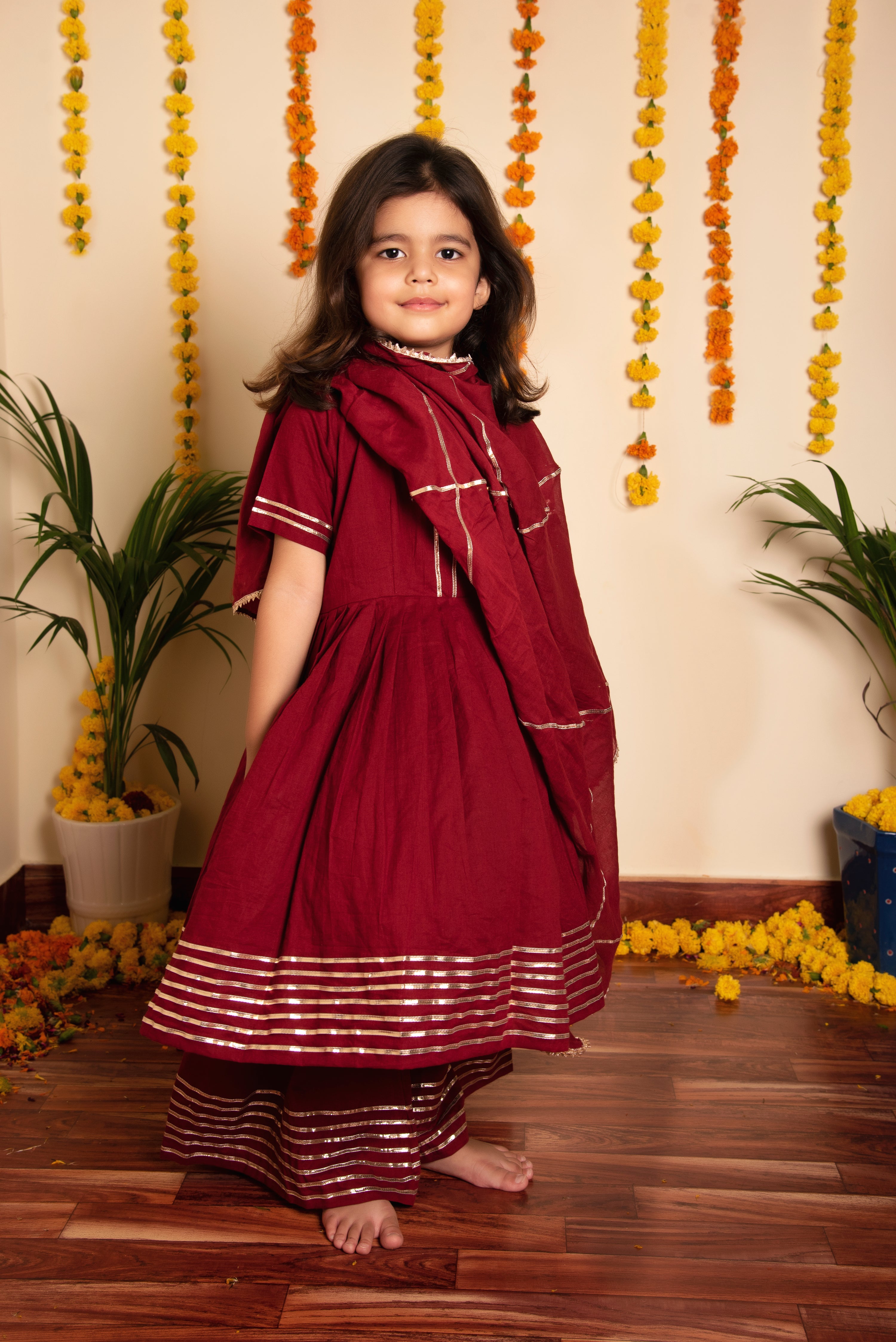 BACHPAN MAROON GOTTA JAAL ANARKALI SET