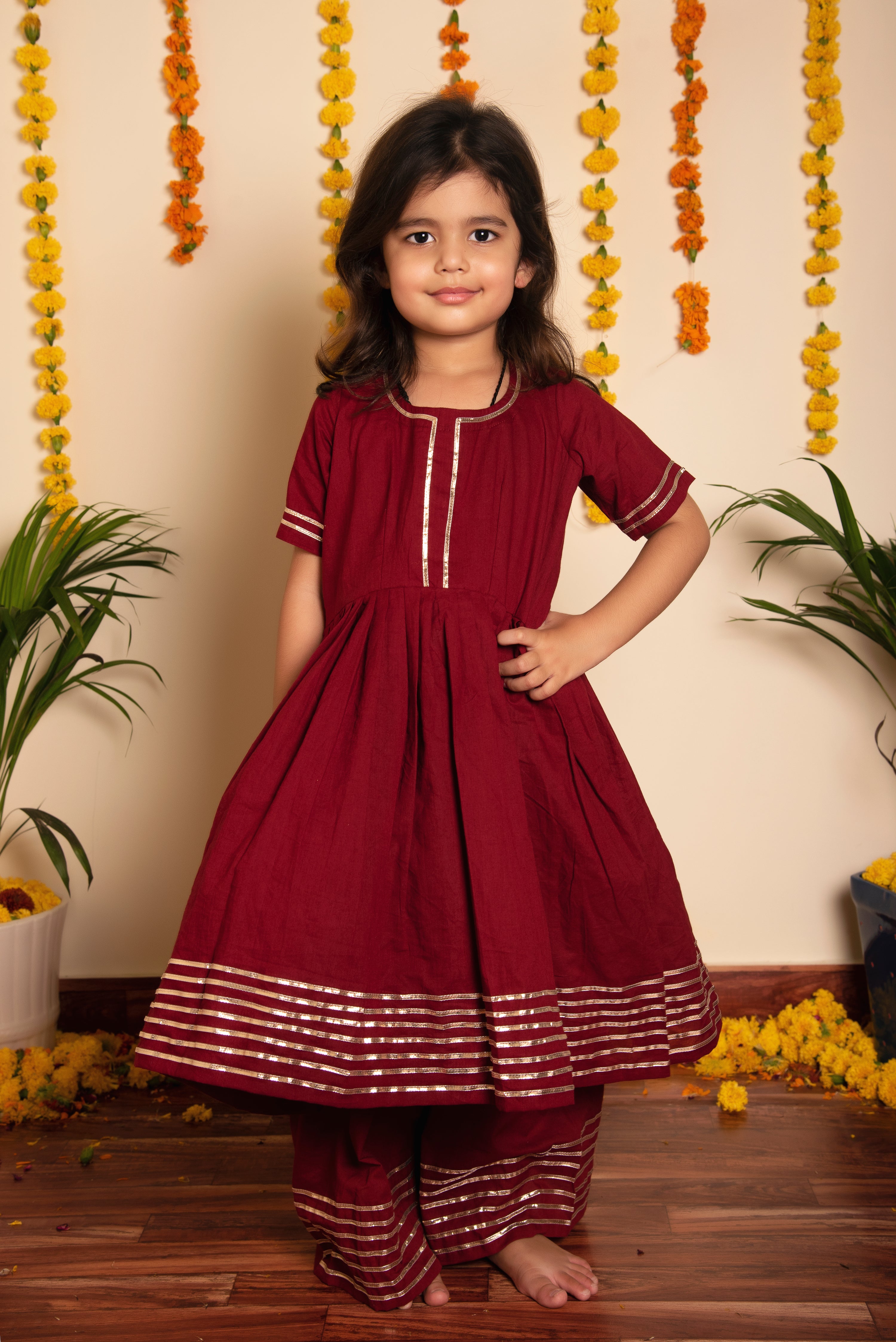 BACHPAN MAROON GOTTA JAAL ANARKALI SET