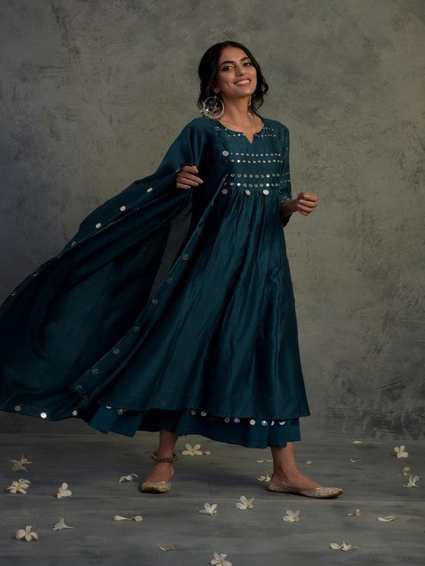 TEAL BLUE MIRROR WORK CHANDERI KURTA WITH COTTON FLARED PALAZZO AND DUPATTA