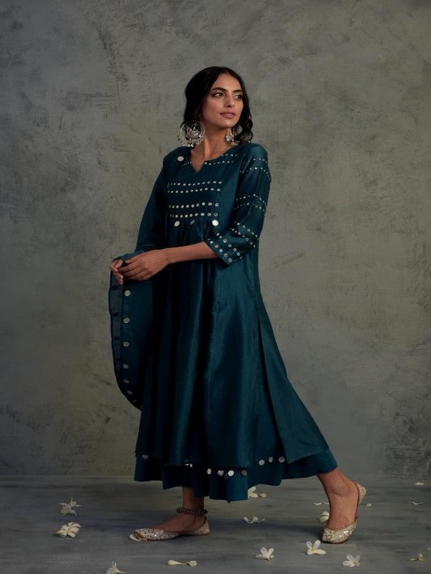 TEAL BLUE MIRROR WORK CHANDERI KURTA WITH COTTON FLARED PALAZZO AND DUPATTA