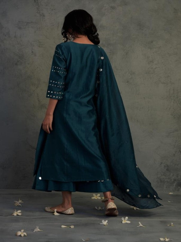 TEAL BLUE MIRROR WORK CHANDERI KURTA WITH COTTON FLARED PALAZZO AND DUPATTA