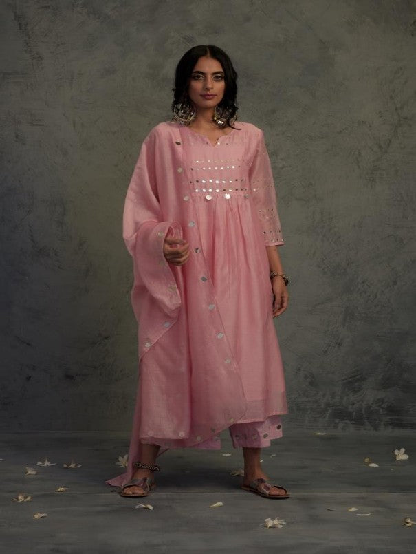 LIGHT PINK MIRROR WORK GATHERED CHANDERI KURTA WITH COTTON FLARED PALAZZO AND DUPATTA