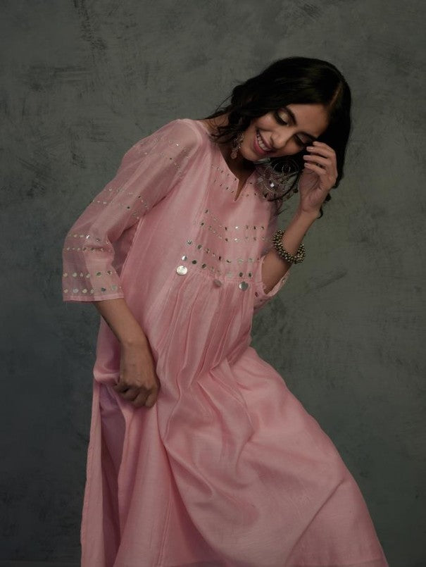 LIGHT PINK MIRROR WORK GATHERED CHANDERI KURTA WITH COTTON FLARED PALAZZO AND DUPATTA