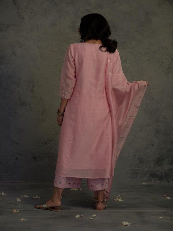 LIGHT PINK MIRROR WORK GATHERED CHANDERI KURTA WITH COTTON FLARED PALAZZO AND DUPATTA