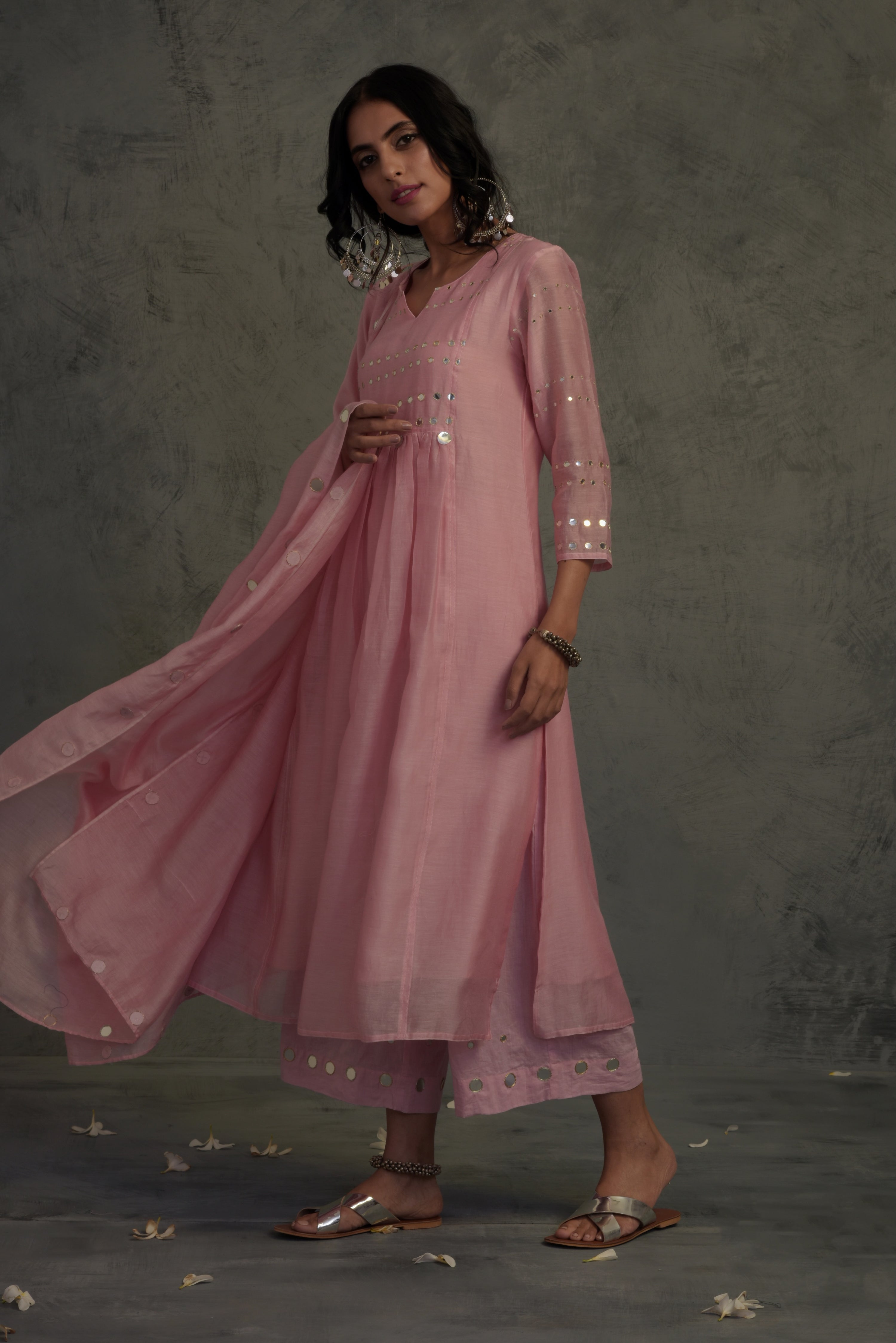 LIGHT PINK MIRROR WORK GATHERED CHANDERI KURTA WITH COTTON FLARED PALAZZO AND DUPATTA