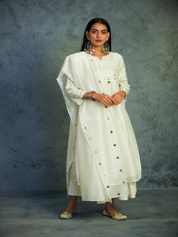 OFF-WHITE MIRROR WORK GATHERED CHANDERI KURTA WITH COTTON FLARED PALAZZO AND DUPATTA