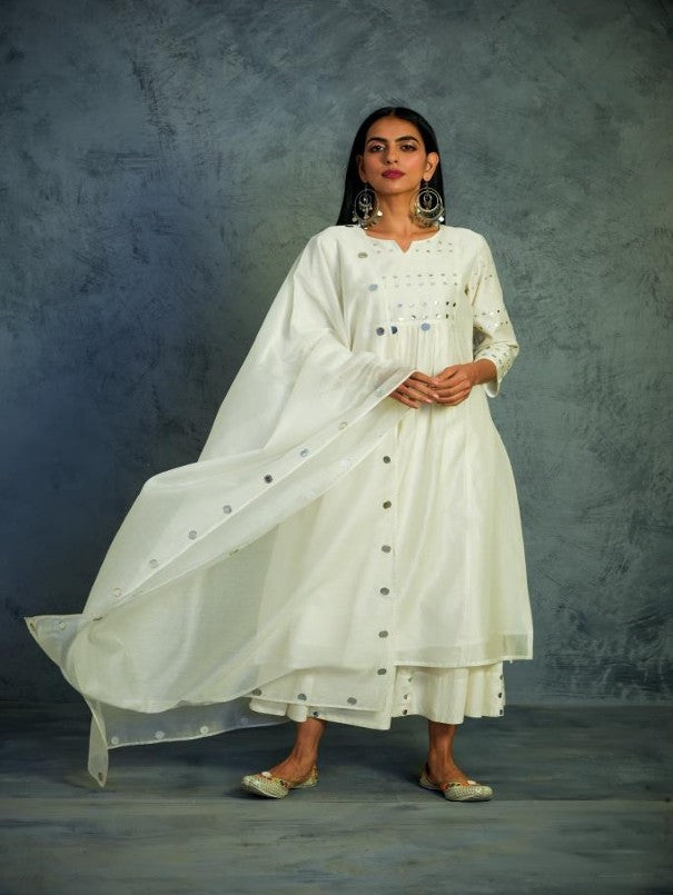 OFF-WHITE MIRROR WORK GATHERED CHANDERI KURTA WITH COTTON FLARED PALAZZO AND DUPATTA