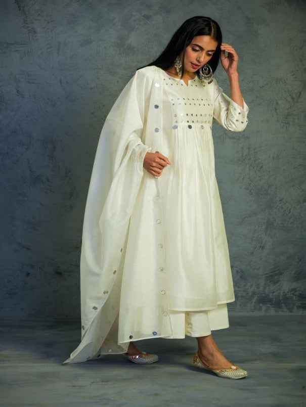 OFF-WHITE MIRROR WORK GATHERED CHANDERI KURTA WITH COTTON FLARED PALAZZO AND DUPATTA