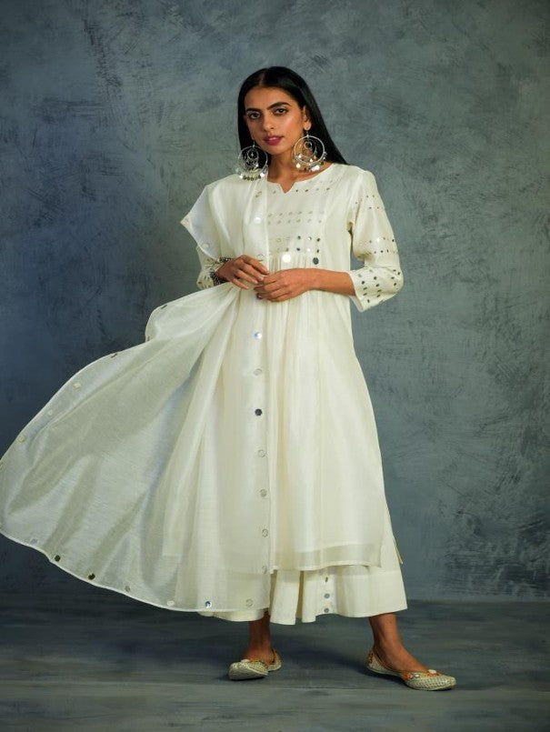 OFF-WHITE MIRROR WORK GATHERED CHANDERI KURTA WITH COTTON FLARED PALAZZO AND DUPATTA