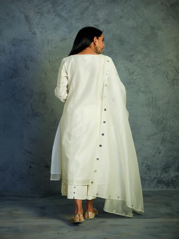 OFF-WHITE MIRROR WORK GATHERED CHANDERI KURTA WITH COTTON FLARED PALAZZO AND DUPATTA