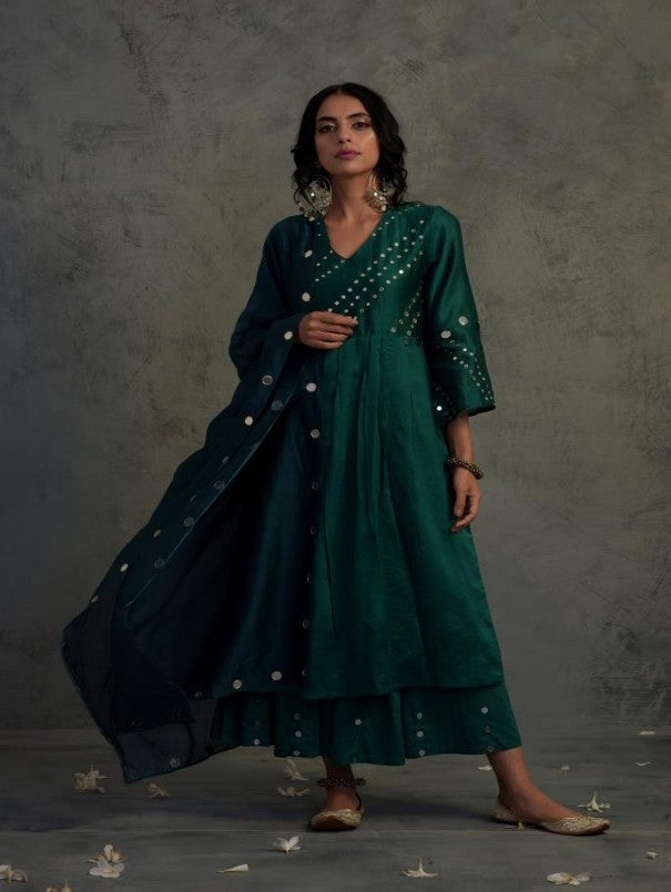 EMERALD GREEN MIRROR WORK GATHERED CHANDERI KURTA WITH COTTON FLARED PALAZZO AND BLUE DUPATTA