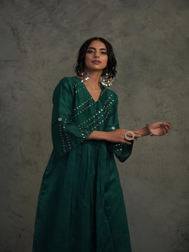 EMERALD GREEN MIRROR WORK GATHERED CHANDERI KURTA WITH COTTON FLARED PALAZZO AND BLUE DUPATTA