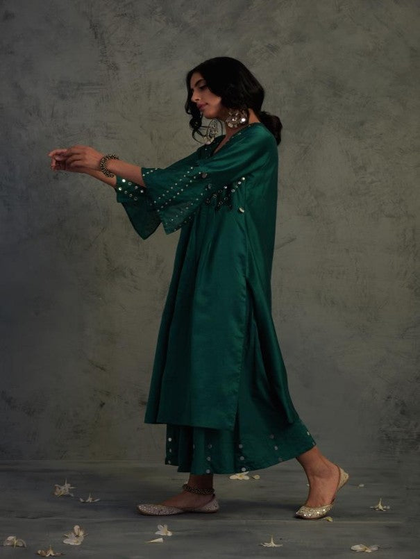 EMERALD GREEN MIRROR WORK GATHERED CHANDERI KURTA WITH COTTON FLARED PALAZZO AND BLUE DUPATTA