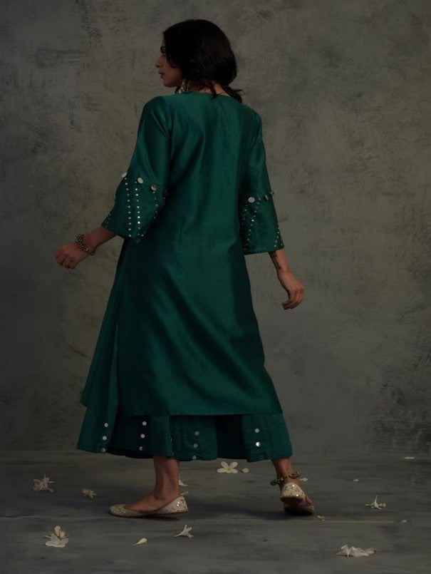 EMERALD GREEN MIRROR WORK GATHERED CHANDERI KURTA WITH COTTON FLARED PALAZZO AND BLUE DUPATTA