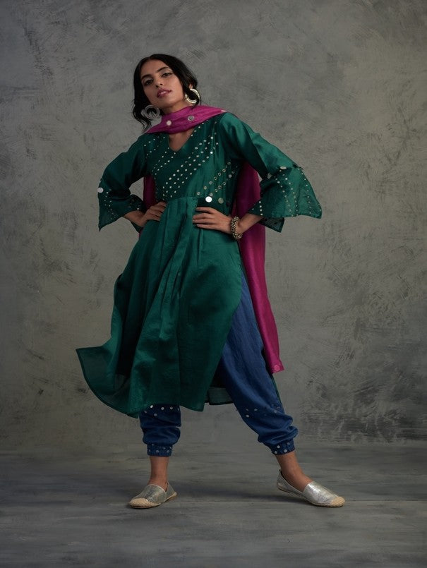 EMERALD GREEN MIRROR WORK GATHERED CHANDERI KURTA WITH BLUE COTTON JOGGER AND MAGENTA DUPATTA