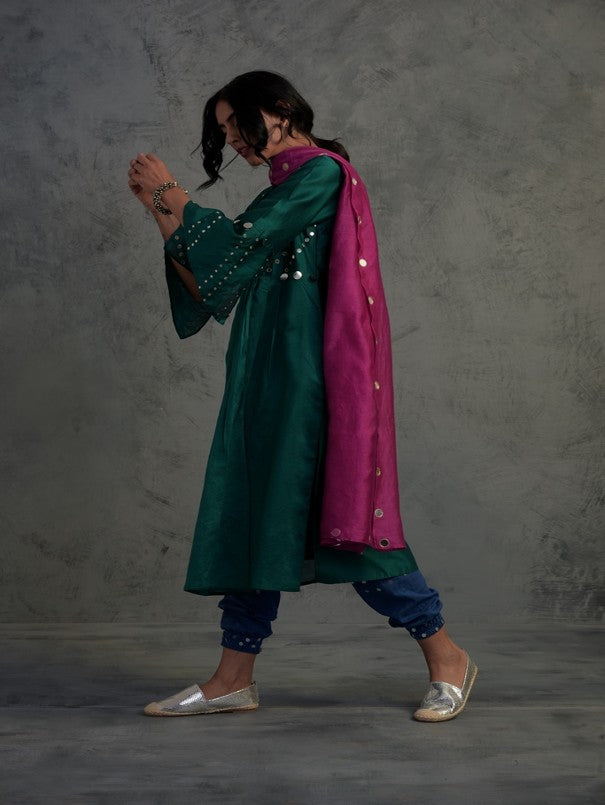 EMERALD GREEN MIRROR WORK GATHERED CHANDERI KURTA WITH BLUE COTTON JOGGER AND MAGENTA DUPATTA