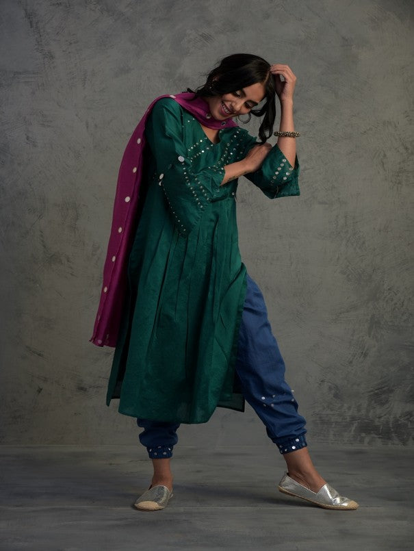 EMERALD GREEN MIRROR WORK GATHERED CHANDERI KURTA WITH BLUE COTTON JOGGER AND MAGENTA DUPATTA