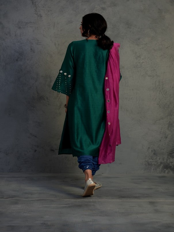 EMERALD GREEN MIRROR WORK GATHERED CHANDERI KURTA WITH BLUE COTTON JOGGER AND MAGENTA DUPATTA