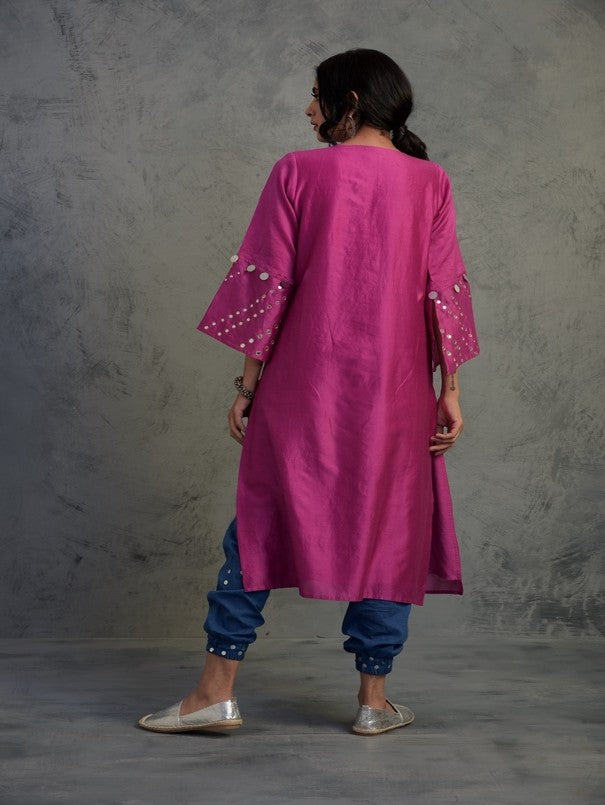 MAGENTA MIRROR WORK GATHERED CHANDERI KURTA WITH BLUE COTTON JOGGER AND OFF WHITE DUPATTA