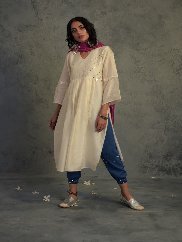 OFF WHITE MIRROR WORK GATHERED CHANDERI KURTA WITH BLUE COTTON JOGGER AND MAGENTA DUPATTA