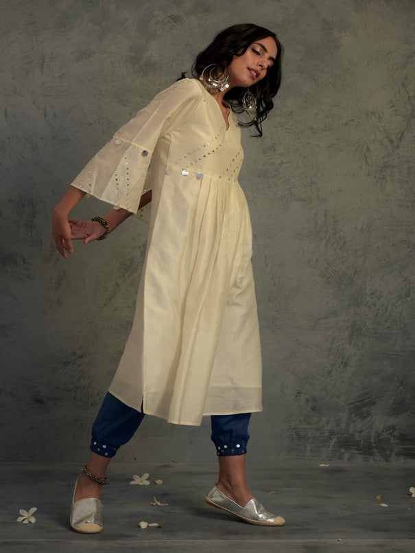 OFF WHITE MIRROR WORK GATHERED CHANDERI KURTA WITH BLUE COTTON JOGGER AND MAGENTA DUPATTA