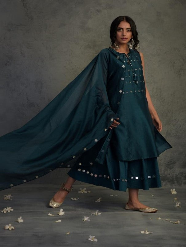 TEAL BLUE MIRROR WORK CHANDERI SLEEVELESS KURTA WITH COTTON FLARED PALAZZO AND DUPATTA