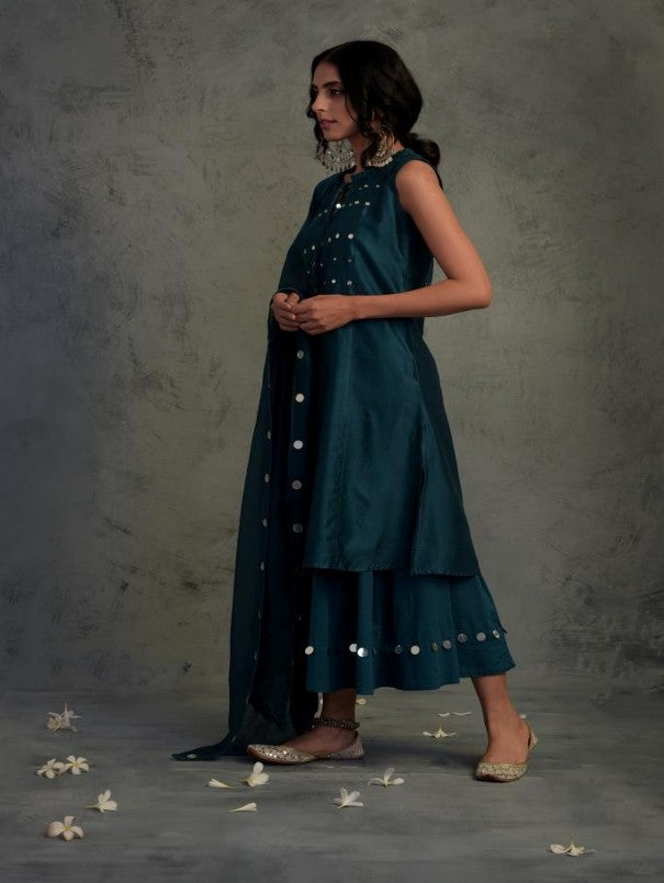 TEAL BLUE MIRROR WORK CHANDERI SLEEVELESS KURTA WITH COTTON FLARED PALAZZO AND DUPATTA