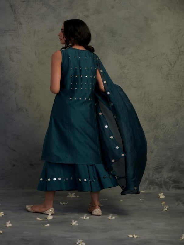 TEAL BLUE MIRROR WORK CHANDERI SLEEVELESS KURTA WITH COTTON FLARED PALAZZO AND DUPATTA