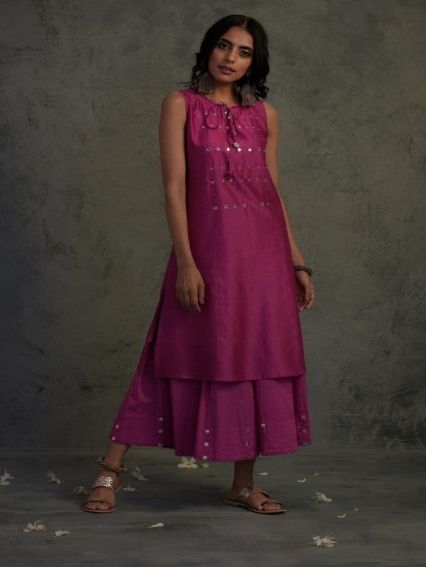 MAGENTA MIRROR WORK CHANDERI KURTA WITH COTTON FLARED PALAZZO AND DUPATTA