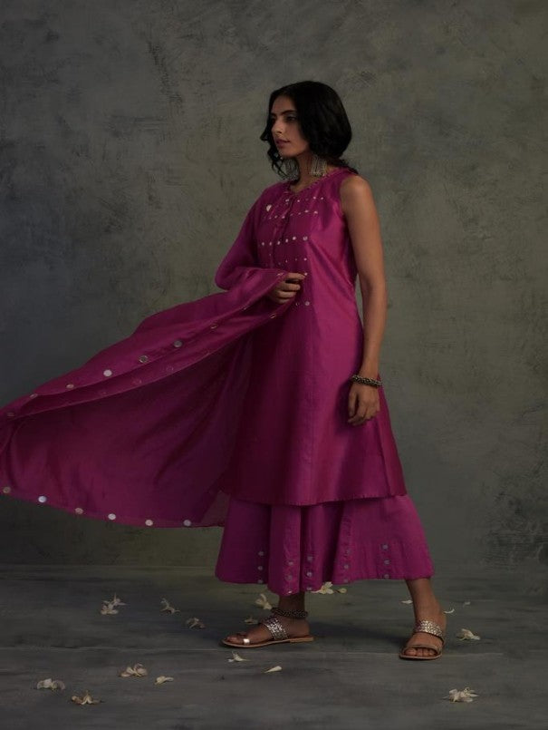 MAGENTA MIRROR WORK CHANDERI KURTA WITH COTTON FLARED PALAZZO AND DUPATTA