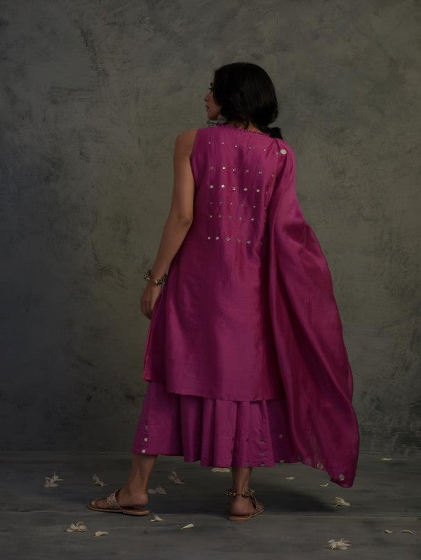 MAGENTA MIRROR WORK CHANDERI KURTA WITH COTTON FLARED PALAZZO AND DUPATTA