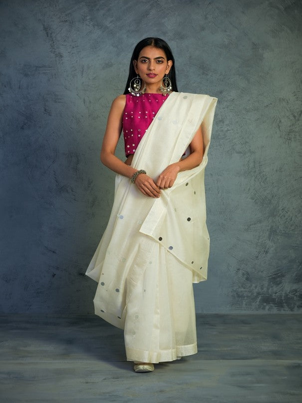 CHANDERI OFF WHITE SARI WITH PINK SLEEVELESS BLOUSE